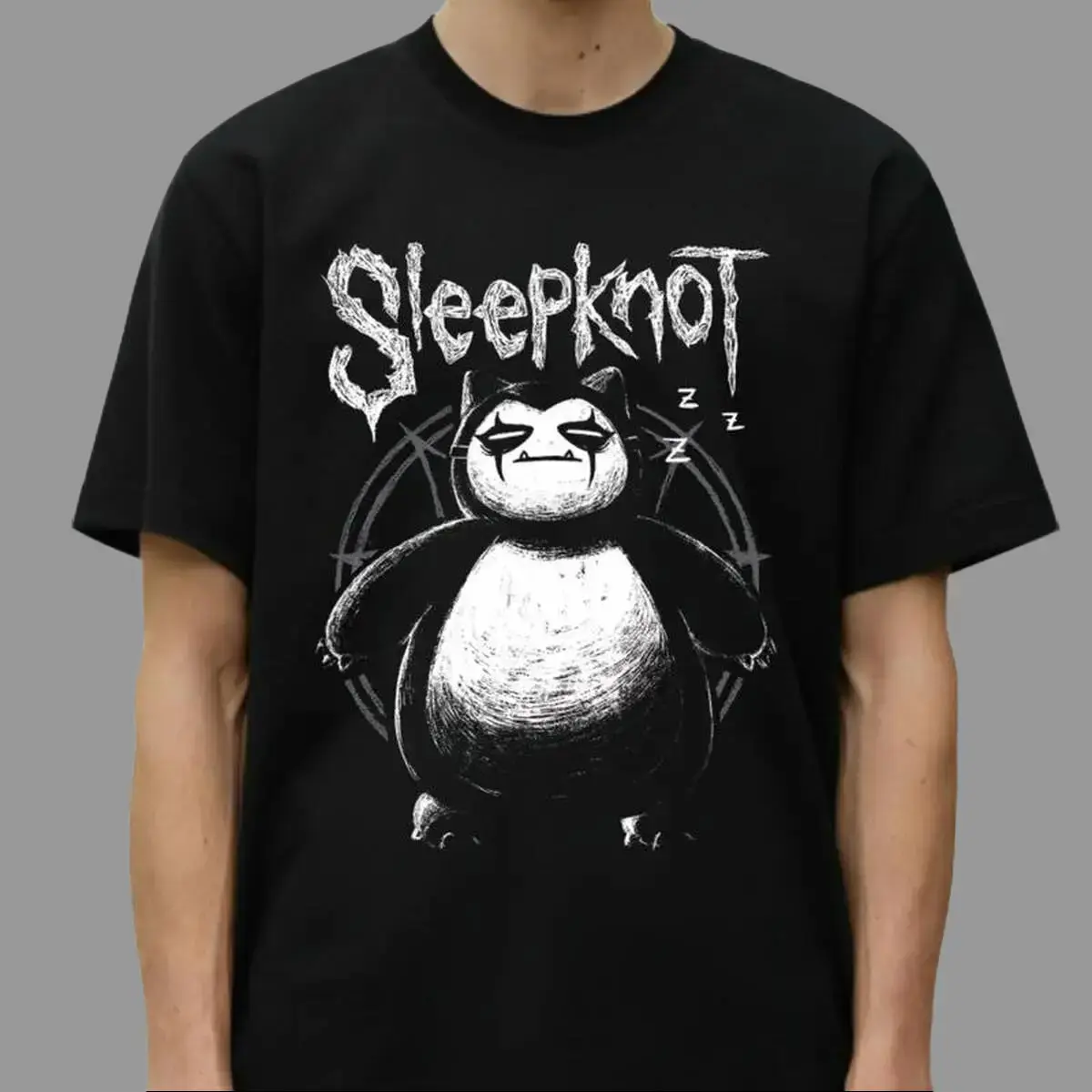 Snorlax Sleepknot Graphic T-Shirt, Unisex Vintage Wash Cotton Streetwear Top, Soft Anime Parody Short Sleeve Round Neck, Shortsleeve, Fabric, Menswear, Retro, Tshirt, Graphic Print, Washed