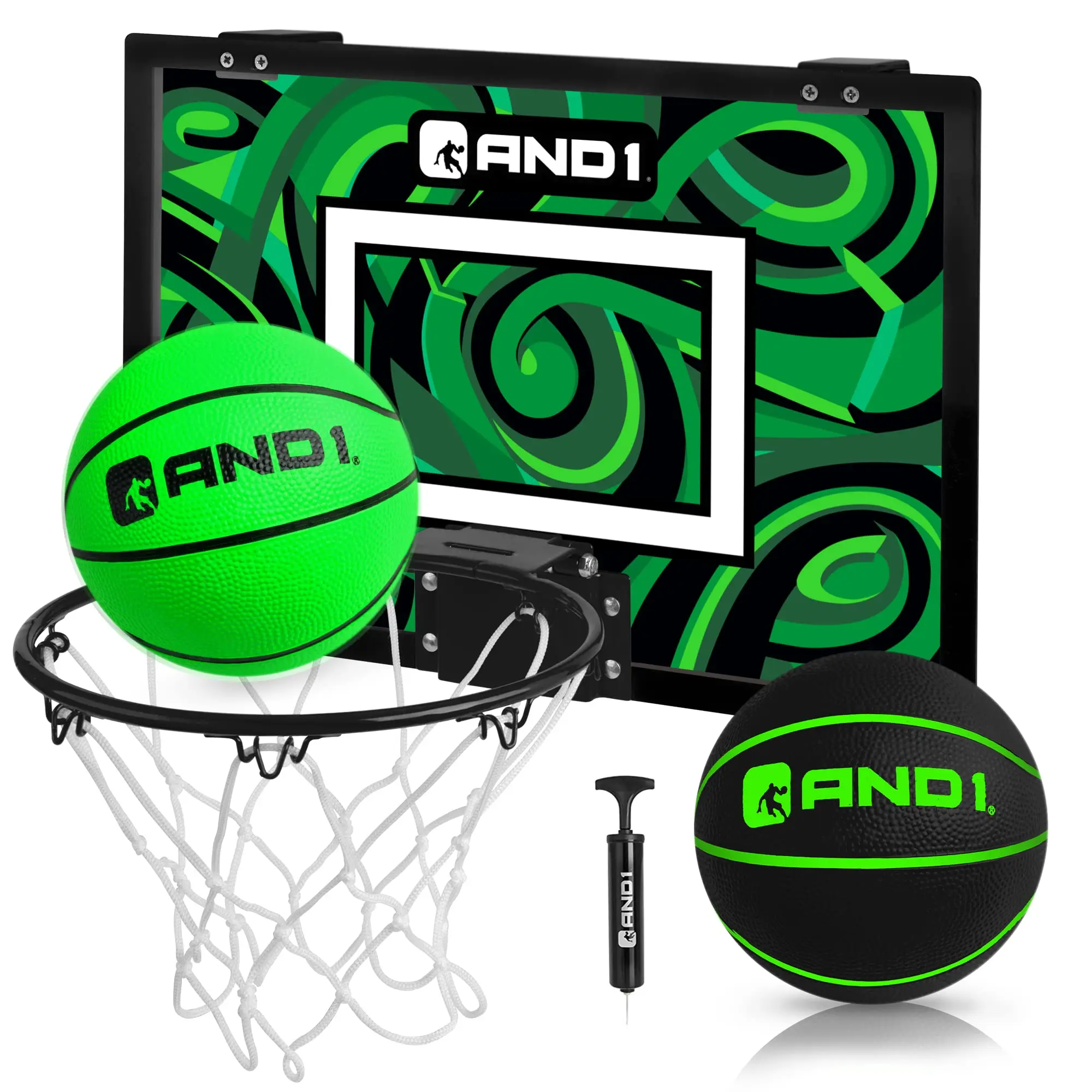AND1 Over the Door Mini Basketball Hoop, 18x12 Shatterproof Backboard & Spring-Loaded Steel Rim - Indoor Game for Kids & Adults, Office Hoop Fun, Includes 2 Balls & Pump, 18X12 Door Fit