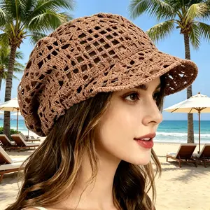 European and American Style Women's Spring Summer Hollowed Out Crochet Baseball Cap Ethnic Beanie Breathable Mesh Slouch Short Brimmed Trendy Accessory for Casual Outfits