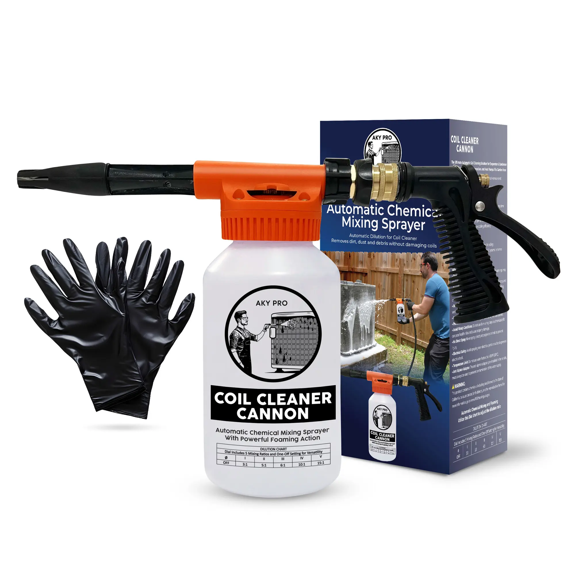 COIL CLEANER CANNON Sprayer - Automatic Mixing Foam Gun for HVAC Coil Cleaner - Air Conditioner Coil Cleaner for AC Unit, Evaporator & Condenser Coils - 2-Quart Bottle with Dilution Ratios + Gloves