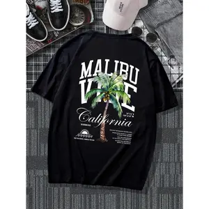 Unisex Men's Letter & Palm Tree Print Drop Shoulder Tee, Regular Fit Casual Soft Comfy Round Neck Half Sleeve T-shirt for Summer, Fashion Men's Top for Daily Wear