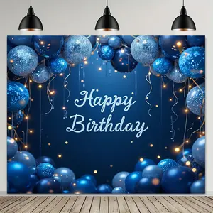 [1pc Birthday Banner Backdrop] Polyester Happy Birthday Banner Backdrop - 1pc 2D Blue Silvery Party Decoration for Indoor & Outdoor Use | Photography Prop, Entryway, Room, Garden White