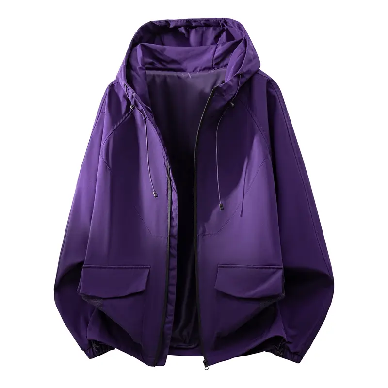 Men's Soft Detachable Drawstring Hood Full-Zip Shell Coat - Dual Flap Front Pockets, Adjustable Cuff Hem, Long-Sleeve Tops for Hiking, Daily Casual Menswear (Spring & Autumn)