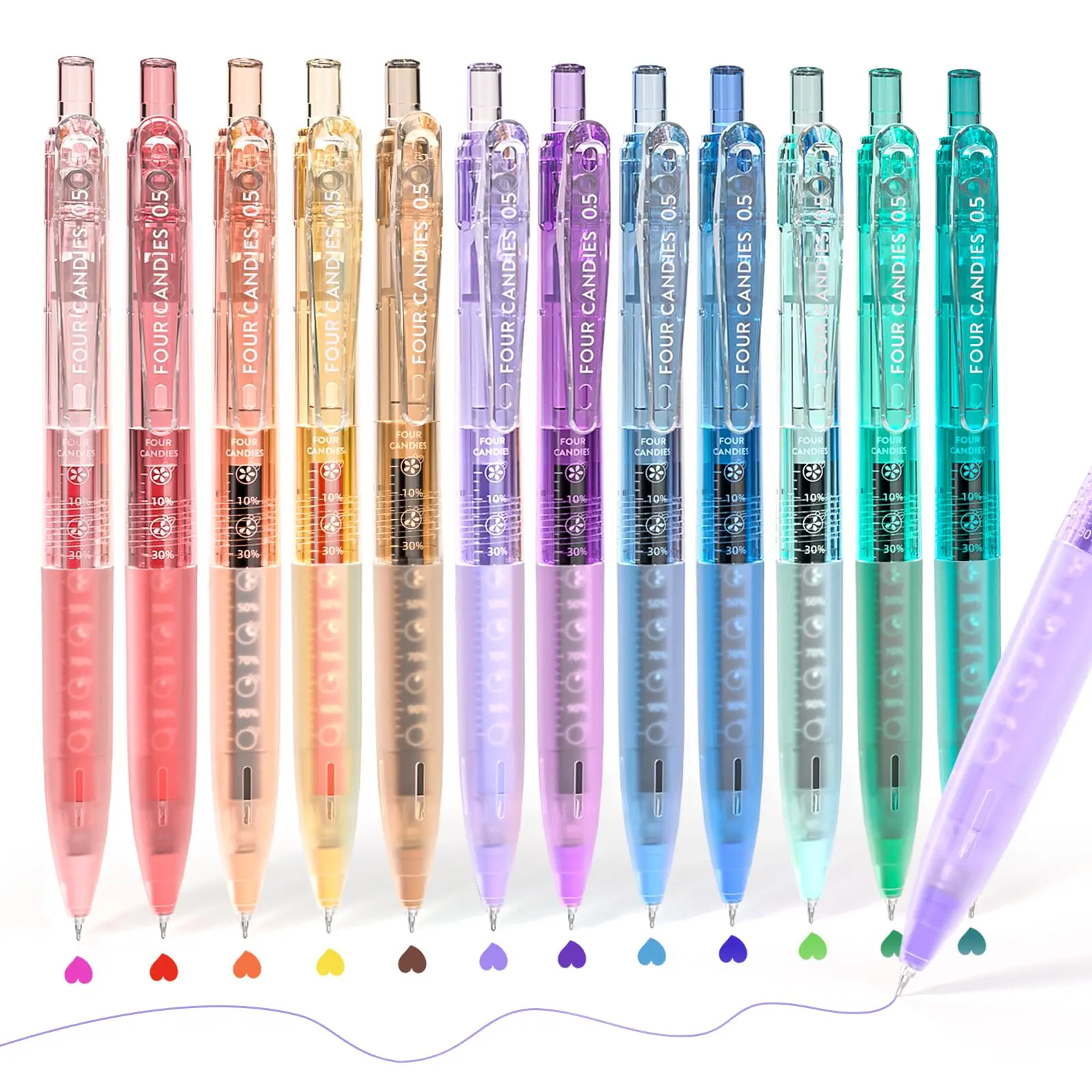 Four Candies 12Pack 0.5mm Quick Dry Retractable Gel Pen Set Cute Transparent Fine Point Multicolor Note Taking Aesthetic lnk Pens Comfort Grip 12 Ink Colors Drawing Writing School Office Home