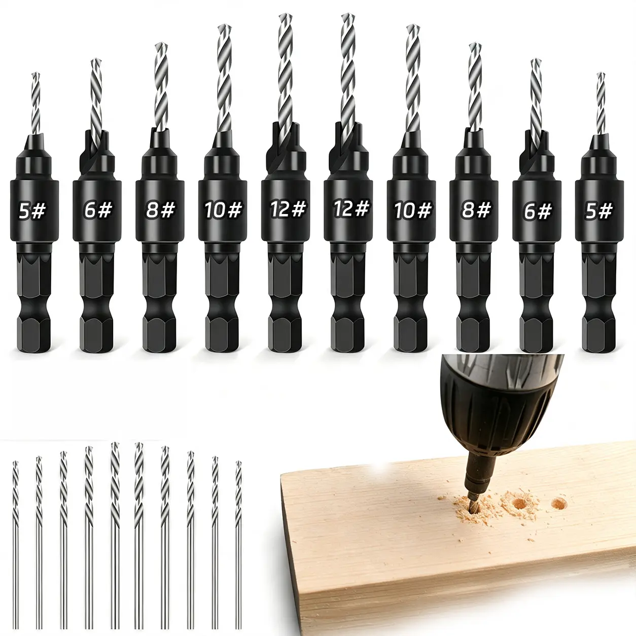 High Speed Steel Wood Countersink Drill Bit Set (2-Piece), 1/4" Hex Shank with Replaceable Pilot Bits, 5 Sizes (#5-#12) for Woodworking Cabinet DIY