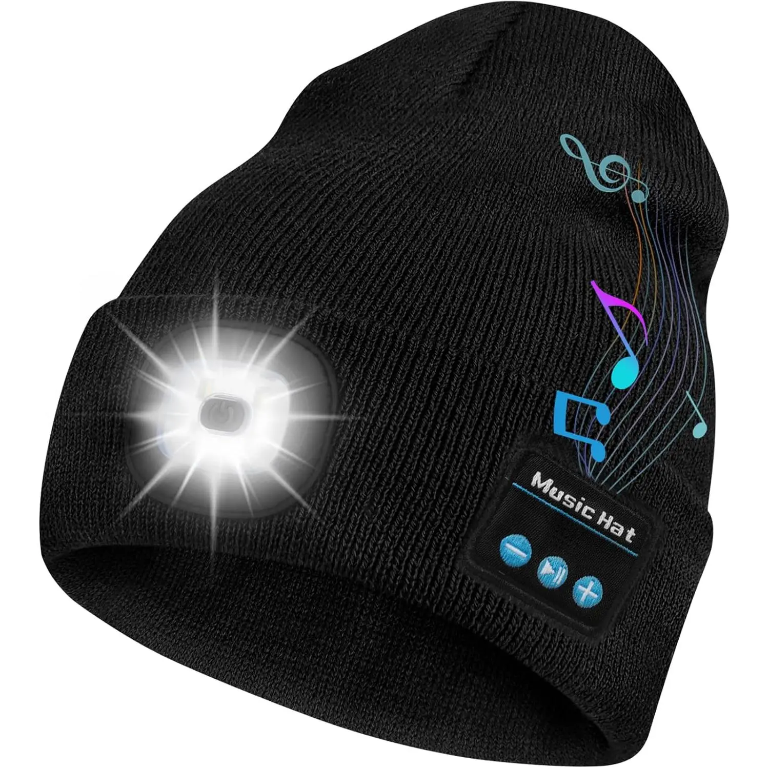 Bluetooth Beanie Hat with Light, Headlamp Cap with Headphones and Built-in Speaker Mic, Gifts for Men Women Teen