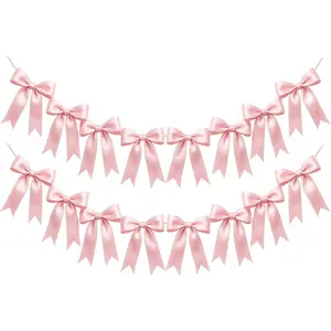 2 Strings of 16PCS Pink Bow Garlands Banner Decoration,Pre-Strung Satin Ribbon Ornaments for Birthday,Bachelorette Party,Bridal Shower, Wedding,Engagement,Baby Shower, Graduation Deco,Anniversary