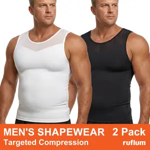 Fathers Day Gift【2pcs】Men Compression Shapewear Tank Top Seamless Undershirts Bionic Targeted Tummy Support Eliminate Man Boobs X-Shape Back Stretch Posture Correction Breathable Mesh Fabric Basic Menswear for Special Events Business Dating Sports Gym