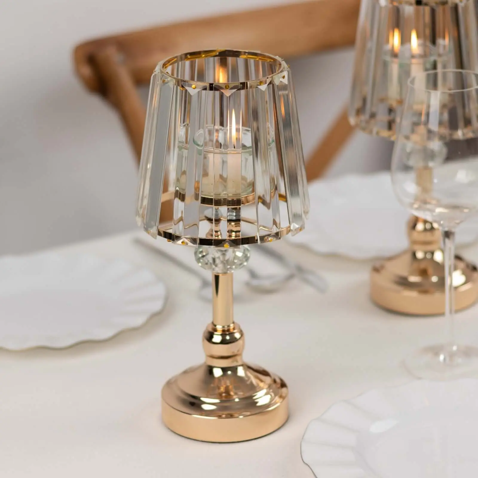 Gold Classic Empire Crystal Pendant Candle Holders - 2-Pack, 11" Votive Stands for Home Decor, Wedding Table Centerpieces