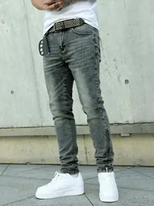 Four-season streetwear distressed retro blue slim-fit elastic ankle jeans with a zipper at the hem for a distinctive street style. They fit the leg lines perfectly, slimming the figure and elongating the legs, making them a trendy and versatile long 🔥