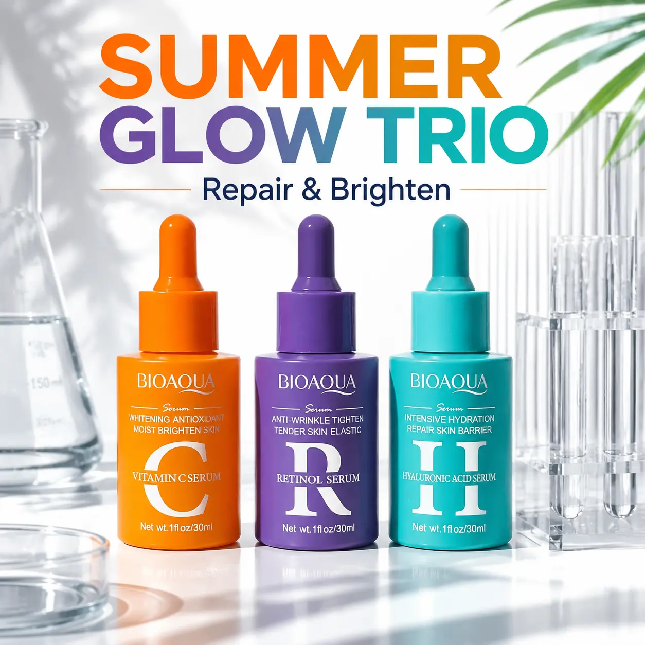 Power Trio Facial Serum Set (3-Pack) with Vitamin C, Retinol & Hyaluronic Acid for Brightening, Anti-Aging & Hydration | Day & Night Skincare Routine for Hyperpigmentation & Soft Skin, Evening, Radiant, Morning Routine, Smooth, Moisturizer, Dewy