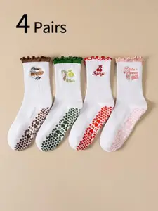 Women's Sports Socks, Athletic Socks, Cute Cartoon Embroidered Lace-Up Design, Professional Anti-Slip Silicone Pilates Yoga Socks, Indoor Dance Floor Socks
