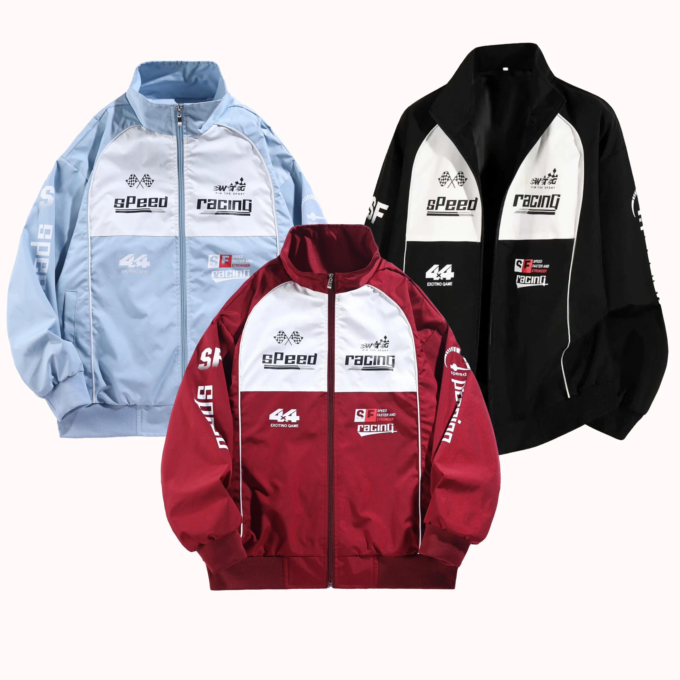 Men's Racing Motorcycle Jacket - Menswear, Long Sleeve, Stylish Zipper Sportswear, Red-White Color Block Stand Collar Zip-Up Casual Streetwear Coat, Tops