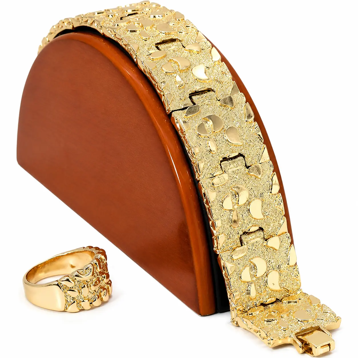 Blingkingstar | Gold Nugget Ring & Bracelet 8.5"Inch Inner - 25mm Wide & 4mm Thick | 14K Gold-Plated Heavy Bold Statement Piece Bracelet For Men's Fashion, Pinky Ring 7,8,9,10,11,12 Yellow Wrist Hip Hop Style, Father Day Gift, Accessory, Chunky Bracelet