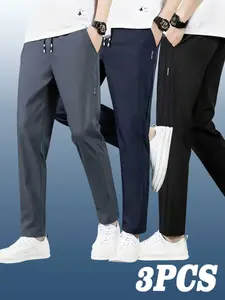 3pcs Plus Size Men's Lightweight Straight Leg Pants, Breathable, All-Season Casual & Business Casual, Dark, Light, Blue