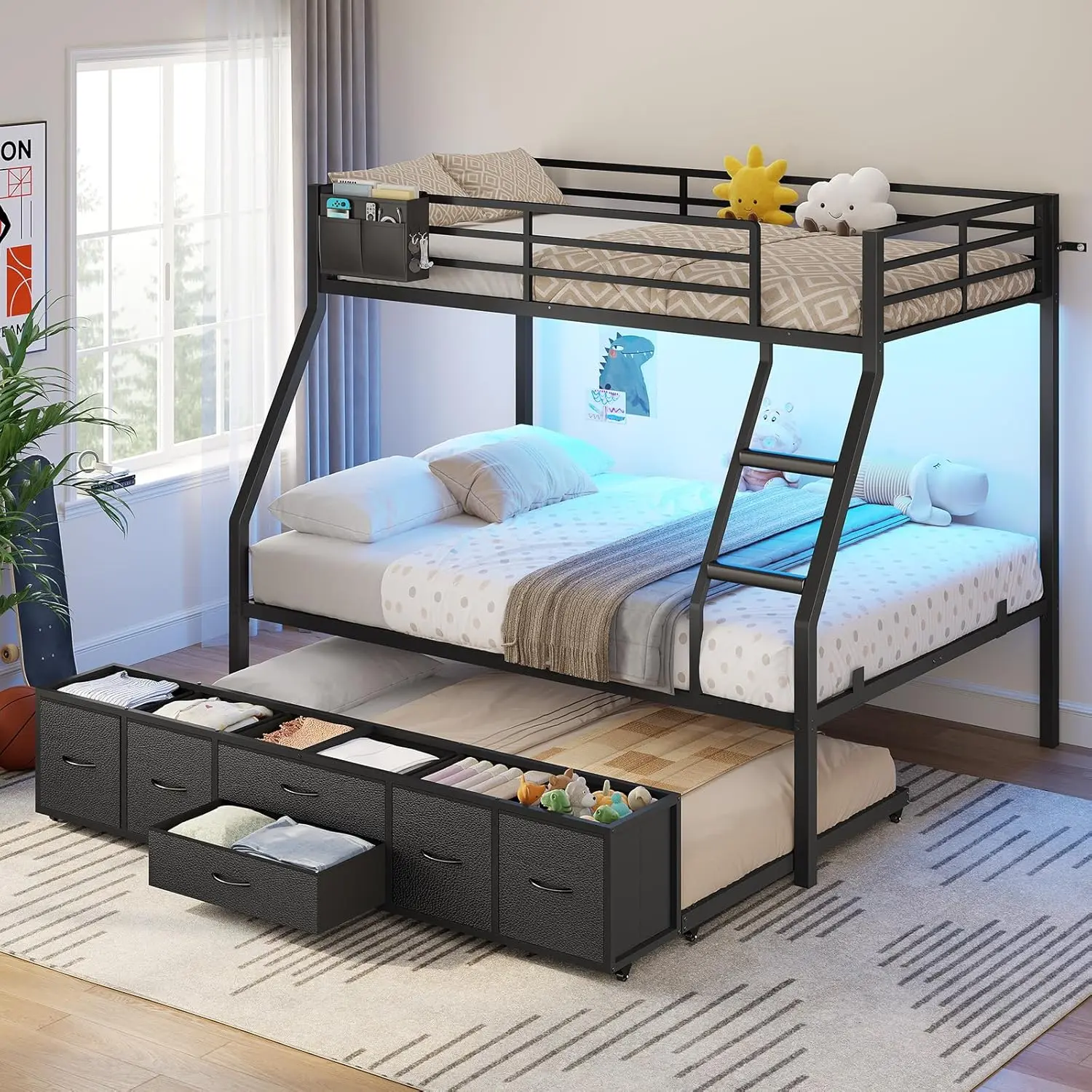 [SummerSale] Sikaic Twin Over Full Bunk Bed with Trundle, Metal Bunk Beds with 6 Storage Drawers, LED Lights, Ladder and Full-Length Guardrails, Space-Saving Bed Frame for Kids, Teens and Guests, Black, Home Furniture, Dorm Essentials
