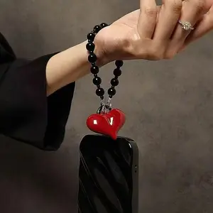 Red Heart Black Beaded Phone Chain, DIY Phone, Key, Bag Pendant, Suitable for Birthday, Christmas, New Year Holiday Gifts