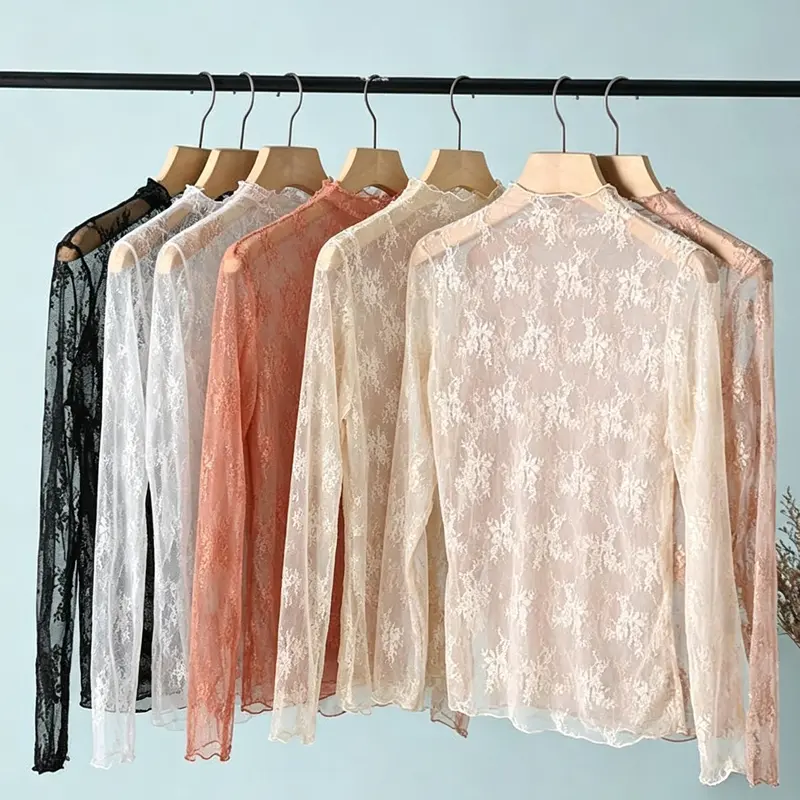 Women's 3-Pack High Mock Neck Long Sleeve Lace Shirts - Sheer Mesh, Hollow-Out Floral Layering Blouses for Autumn, Black+White+Coffee, Boutique Tops for Alt Outfits, Going Out Western Styles, High Neck