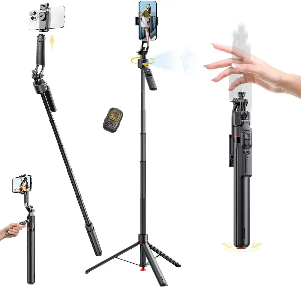 69" Auto Face Tracking 360° Selfie Stick & Tripod for iPhone & Android • One-Click Pop-Up, Gesture Control, Handheld Stabilizer, Detachable Phone Clip & Multifunctional Remote • Compatible with iPhone 17/16/15/14/13