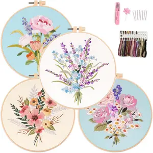 Embroidery Kit, 4 Flower  Embroidery Set with 4 Patterns and 2 Hoops, Adult and Beginner Needlepoint Kit with Embroidery Floss, , Cotton Fabric and Instructions...