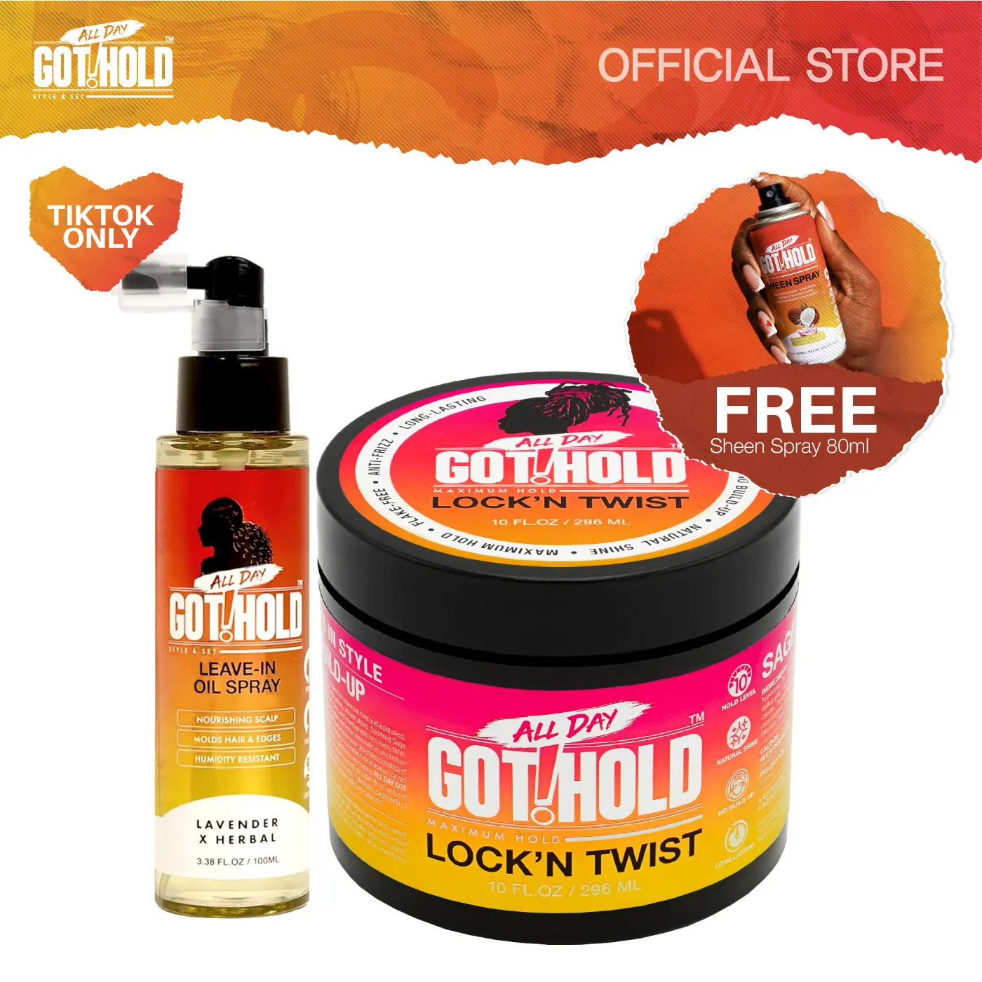 All Day Got Hold Lock'n Twist Bundle - Unisex 1.5 lbs Curly Hair Products, Herbal Lavender Styling Gel, Lock'n Twist, Leave-In Oil Spray, Dry Sheen Spray, Frizz Control (Free Gift Included)