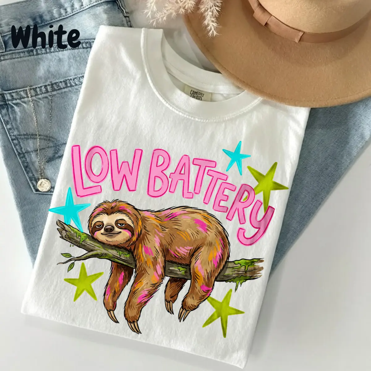 Funny Sloth Comfort Colors Shirt, Low Battery Summer Tee, Cute Lazy Animal Graphic T-Shirt