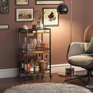 Bar Cart for The Home, 3 Tier Small Rolling Wine Cart, Drink Serving Cart with Lockable Wheels, Mini Liquor Utility Cart for Kitchen Dining Living Room, 17" x 11.8" x 32.1", Rustic Brown Metal Utensils