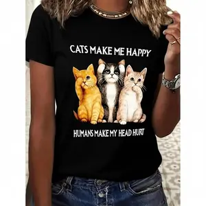 Women's Casual Short Sleeve T-Shirt with Cute Cat Print & "Cats Make Me Happy" Humorous Graphic - Black Round Neck Top, Machine Washable Regular Fit Tee for Cat Lovers, Playful Fashion, Fun Design, Soft Fabric, Print Shirt, Humor