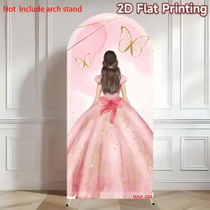 Quinceanera Pink Flower Dress Girl Birthday Party Wedding Birthday Arched Backdrop Sweet Pink Butterfly Decor Background Backdrop Stand Arch Party Decorations Banners