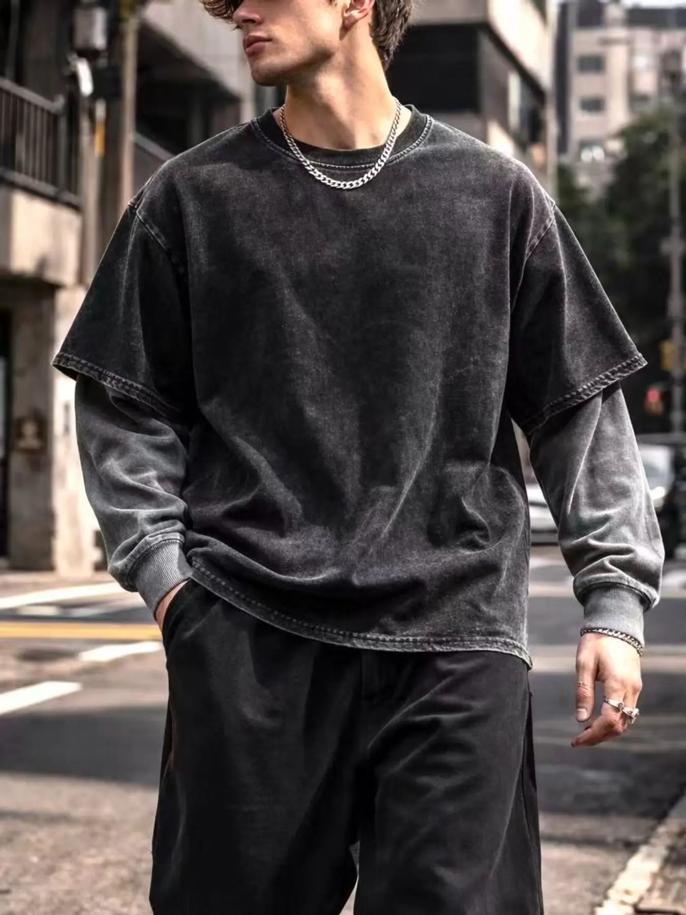 Men's Washed Layered T-Shirt | Vintage Streetwear Double Sleeve Tee, Menswear