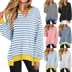 Casual Long Sleeve Striped V Neck Oversized Hoodie Women Fashion Sweatshirt