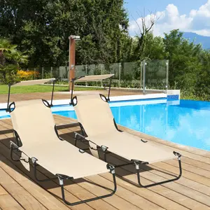 Tan Set Of Two Folding Chaise Lounge Chairs 5 Position Reclining Back Sunshade Roof Side Pocket For Poolside
