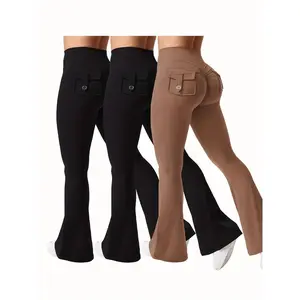 Christmas and Halloween 3pcs Black, Gray, and Green Fashion Workwear Style Flared Pants, Women's Casual Flared Pants, High-Waisted Pocket Sportswear, Workwear Peach Butt Pants, Quick-Dry Tummy Control Butt Lifting Long Flared Leggings