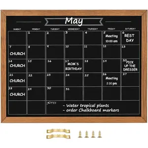 13" * 17" Magnetic Calendar Chalkboard, Rustic Brown Solid Pine Wood Frame Magnetic Chalk Board for Planning Timetable Memo, Hanging Board for Office School and Home