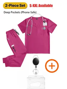 Men’s Matte Elastic Scrub Set Breathable Vet Nurse Uniform Pet Hospital Doctor Workwear Top Pants Card Clip