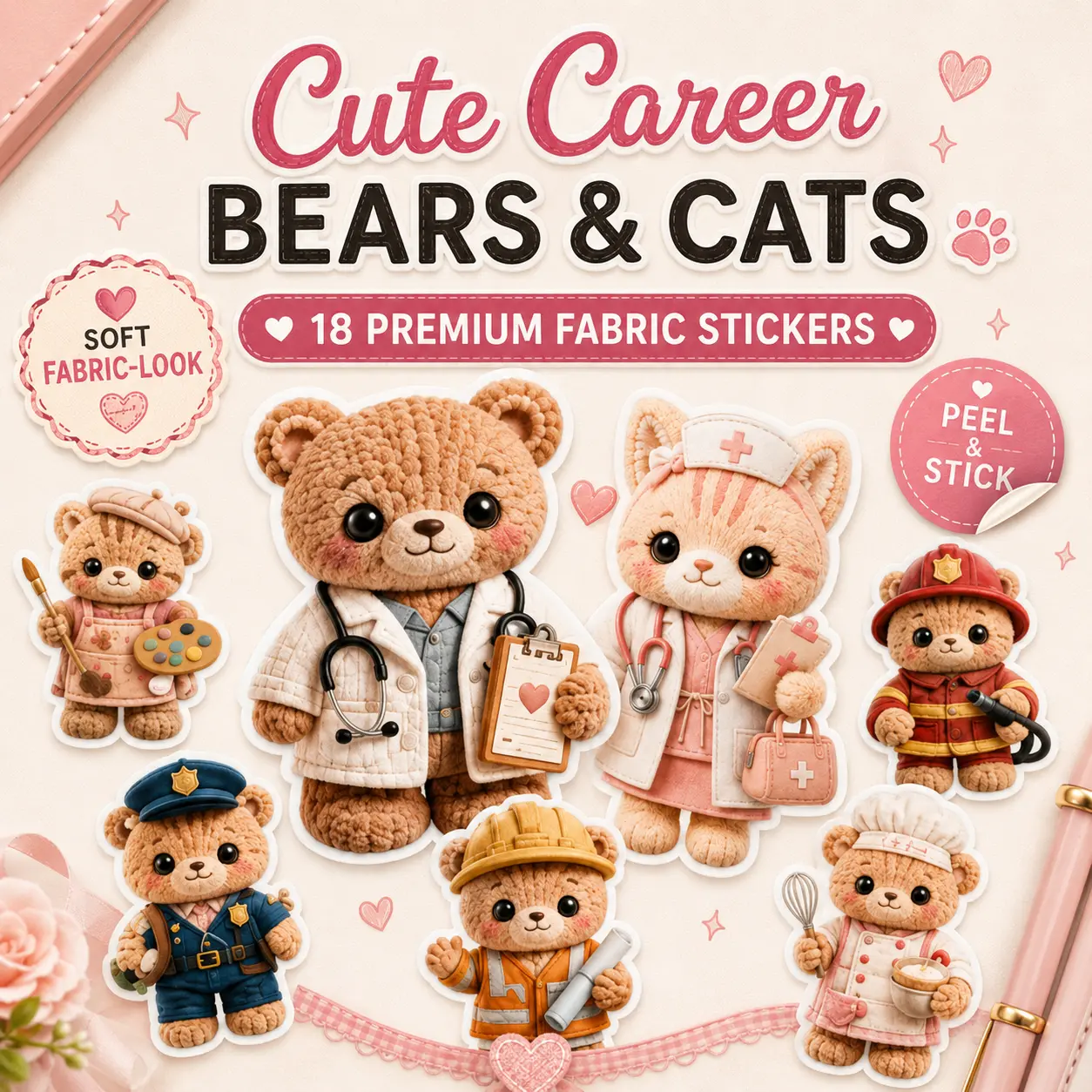 18 Cute Career Bear & Cat Fabric Stickers - Premium Fabric-Look Stickers for Journals, Planners, DIY Crafts