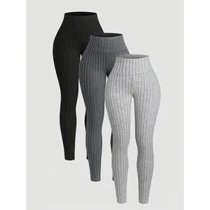 3pcs Women'S Solid Color Ribbed Leggings Yoga, Running Sports Three-Piece Set Women'S Casual Leggings Three-Piece Set Tight Fitting Pants Stretchy High Waist