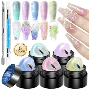 Hard Gel Nail Art Kit, UV Nail Gel, 3D Sculpture Glue, 5 Color Firm Carving Glue, Colorful Carving Nail Glue, Non-Stick Set with Carving Pen