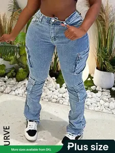 【Plus Size】 Solid Pocket Design Cargo Skinny Denim Jeans, Casual Fashion Basic Denim Pants for Daily Outdoor Wear, Fitted Curvy Streetwear Women Plus Clothing for All Seasons, Womenswear, Bottom, Casual Denim Trousers