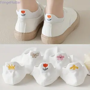 5 Pack Women's Cute Embroidered No Show Socks | Breathable Invisible Low Cut Socks for Sneakers