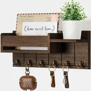Wood Wall-Mounted Key Rack with Hooks, Wall Shelf Unit, Multi-Layer Storage Organizer for Home Entryway, Stylish Key Holder for Easy Access