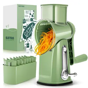 SUSTEAS 18/10 Stainless Steel Vegetable Chopper – 5 Blades, Strong Suction Base, Cheese Grater, Easy to Clean & Store, Green Kitchen Utensils for Efficient Food Prep