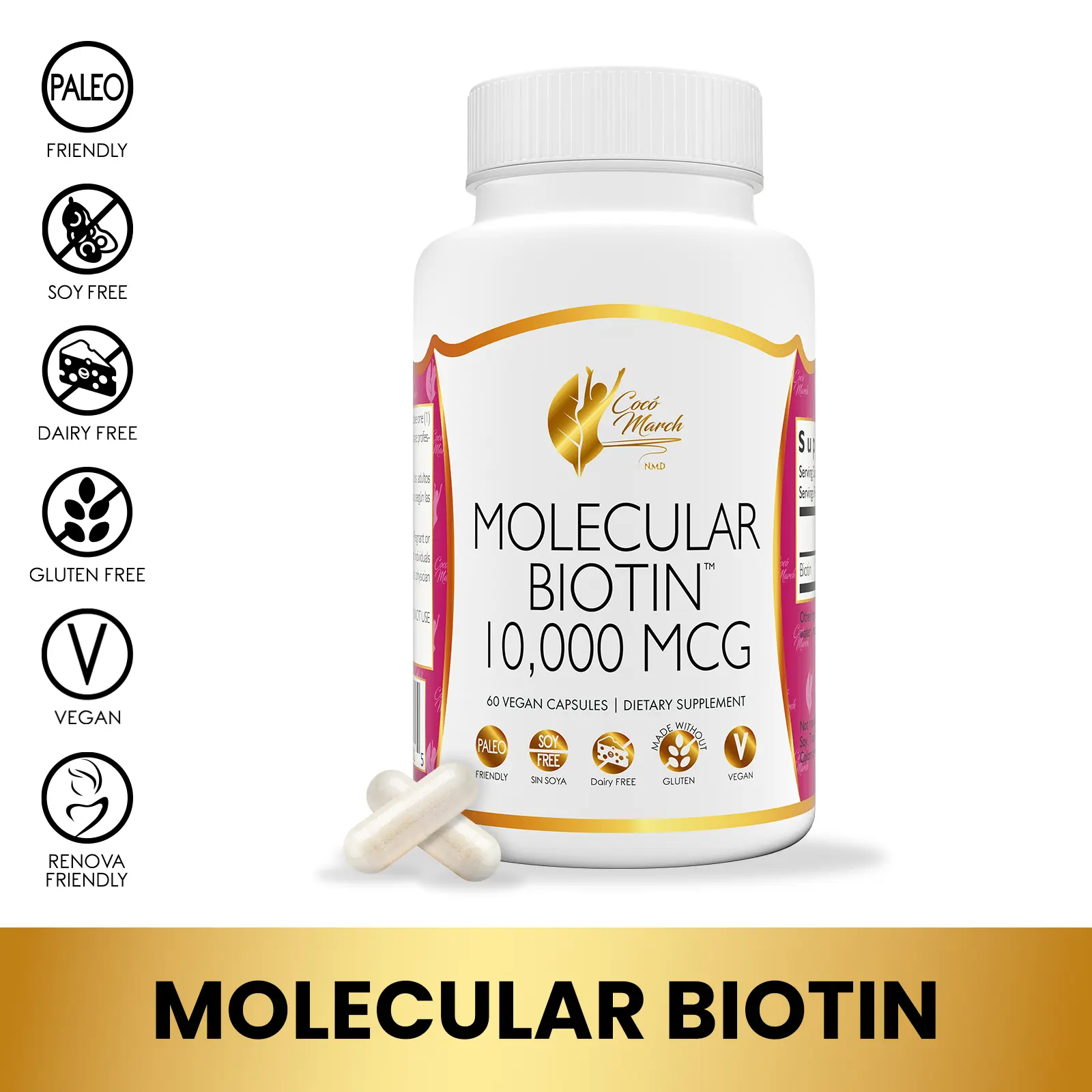 Cocó March N.M.D Molecular Biotin Wellness Supplement, Dietary Supplement to Support Healthy Skin, Growth of Hair and Nails - 60 Capsules per Pack
