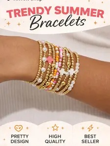 10pcs Women's Cross Bracelet Set, Trendy Jewelry, Colorful Beads, Ccb Beads, Faux Pearl Multi-Layer Elastic Stackable Beaded Bracelets, Perfect Birthday Gift