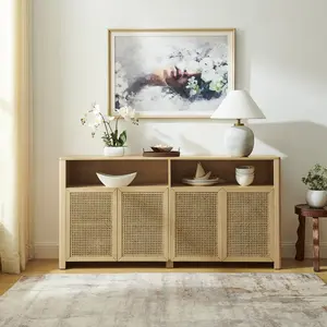 63" Mid Century Modern Rattan Sideboard Buffet Cabinet with Storage, Retro Coffee Bar Wine Bar Credenza, Large Media Console Table for Living Room/Entryway/Kitchen, Natural
