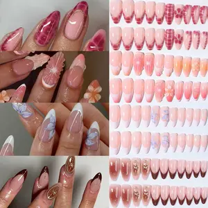 96pcs Medium Almond Press-On Nails, 3D Gel Petal Design Flower Nails Leopard Print, Short Acrylic Tips, Glossy Finish, for Women and Girls