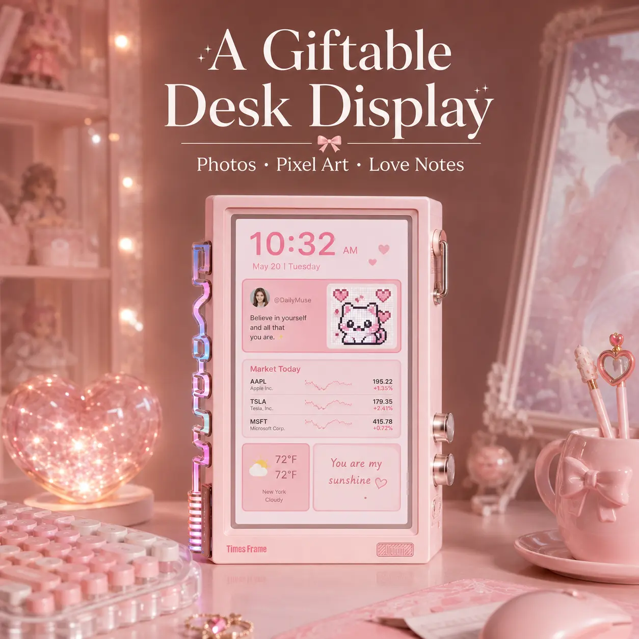 Divoom Times Frame 10.1in Pink Smart Desk Display - WiFi Digital Photo Frame with Transparent IPS Screen, 64GB Storage, Adjustable Color Changing RGB Ambient Light, Pixel Art, Remote Photo Sharing, Modern Decor for Cool Room Decor