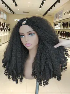 New Afro Curly V Part Wig Synthetic Braided Hair Texture with Unique Bouncy Curls in the End 20 Inch Soft Curly Full Hair V Part Wigs Synthetic for Black Women No Leave out Clip in Half Wig