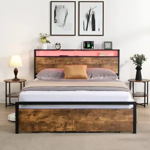 Modern Industrial Queen Bed Frame with LED Lights and 2 USB Ports, Queen Size Platform Bed Frame with Wood Storage Headboard, Noise Free, No Box Spring Needed, Rustic Brown (Queen)