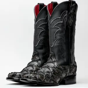 Midnight Grey Jumbo Pirarucu Leather Boots - Square Toe